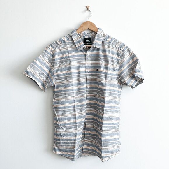 Quiksilver Mens Regular Button Down Shirt Short Sleeve Stripes Peach Blue Large - Picture 1 of 7